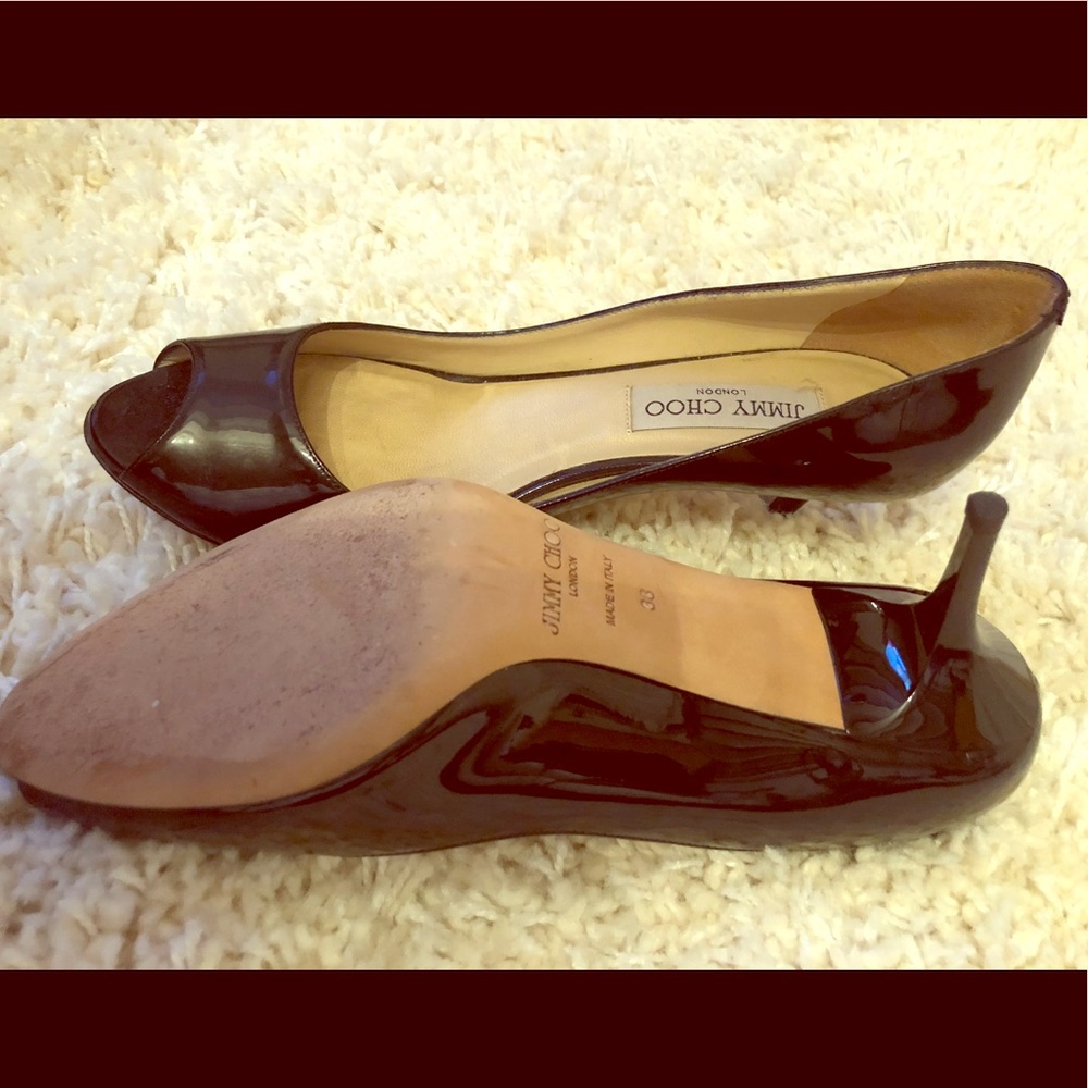 Used JimmyChoo isabel patent lther peeptoe heel